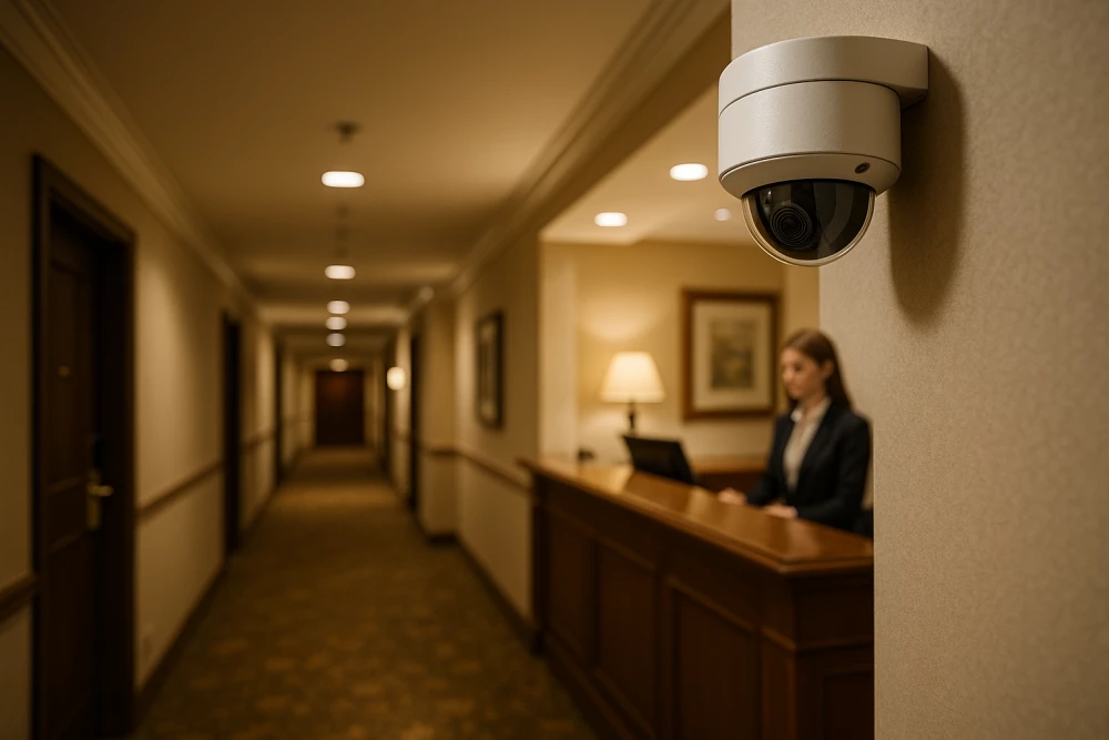 Système de vidéosurveillance conforme RGPD dans un hôtel avec caméra IP haute définition en zone commune